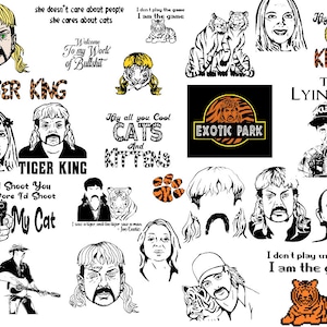 May include: A collection of black and white illustrations featuring Joe Exotic, the star of the Netflix documentary Tiger King. The illustrations include quotes from the show, such as "You're askin' for a Baskin" and "I don't play the game, I am the game".