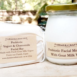 Probiotic Facial Moisturizer Set with Goat Milk Yogurt and Chamomile Facial Bar Eco Friendly Zero Waste Microbiome Fermented Clean Skincare