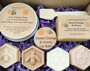 Sweet Orange & Honey Gift Set Spa Bath Set Organic Handmade Unique Gifts Soap, moisturizer, lip balm, hand soaps bee soaps