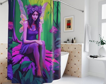 Lila Blumen-Wald-Fee-Polyester-Duschvorhang, fantasievolles, modernes Badezimmerdekor, cooles/lustiges Einweihungs-Weihnachtsduschgeschenk für Kunstliebhaber
