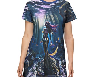 Navy Blue Mermaid Dream T-Shirt Dress dark undersea fantasy print cool/fun birthday Christmas gift for ocean lovers back to school/weekend