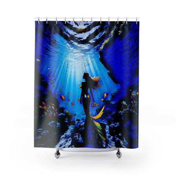 Sapphire Blue Mermaid Fantasy Shower Curtain cool birthday Christmas housewarming gift for ocean lovers dramatic mod decor