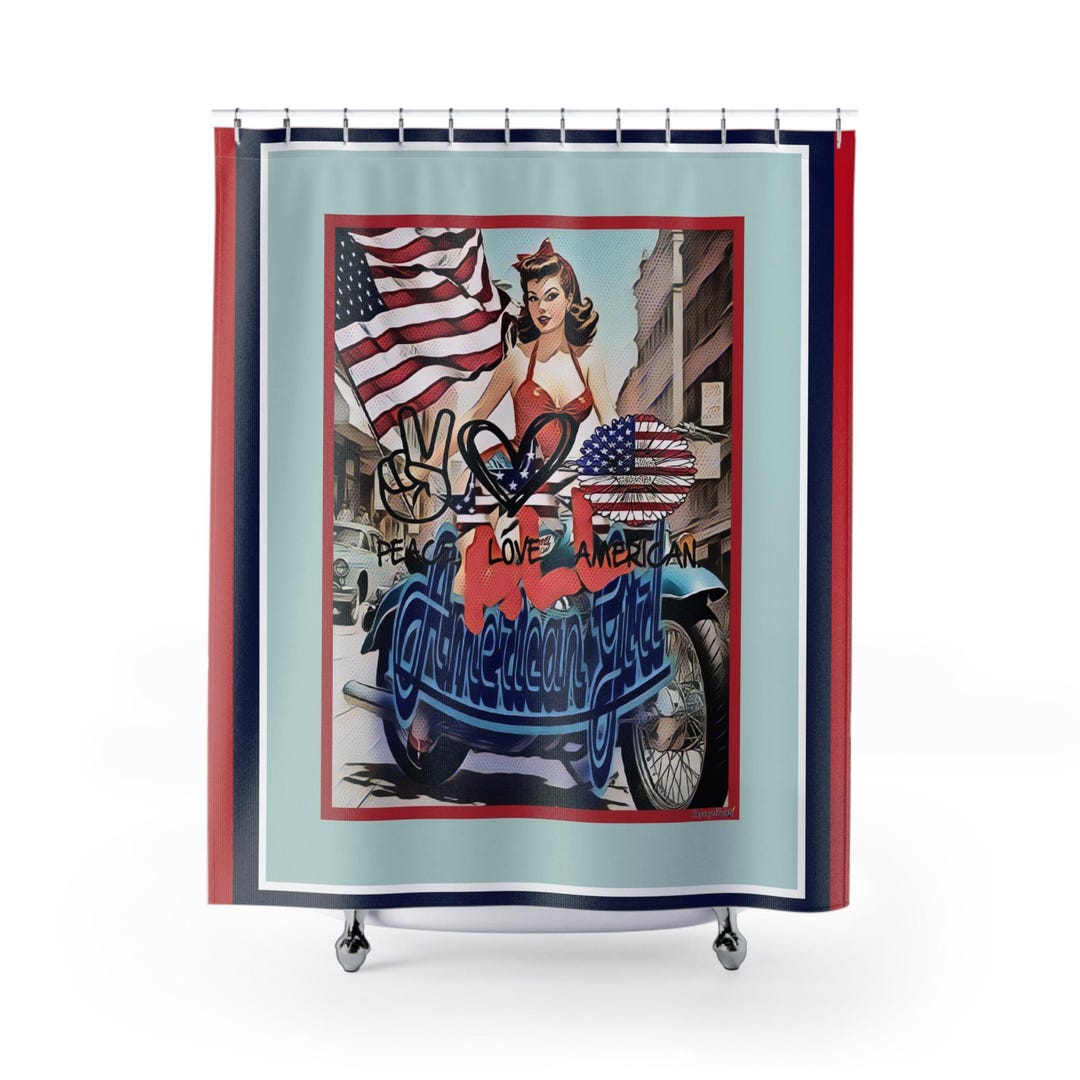 Pop Art American Girl Motorcycle Shower Curtain, Pinup Red White Blue ...