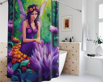 Lila Blumen Wald Fee Polyester Duschvorhang Fantasie modernes Badezimmer Dekor cool / Spaß Einweihungsparty Geschenk für Kunstliebhaber