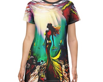 Rainbow Mermaid Dream T-Shirt Dress dark undersea fantasy print cool/fun birthday Christmas gift for ocean lovers back to school/weekend