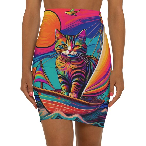 Rainbow Kitty Sailor Women s Mini Skirt Fun Birthday Christmas Gift for Cat Lovers Colorful Summer Sailboat Skirt for School work weekend Etsy