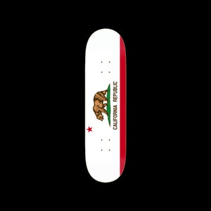 May include: A white skateboard deck with a red stripe on the side. The deck features a graphic of the California state flag, including a red star, a brown bear, and the text "CALIFORNIA REPUBLIC".