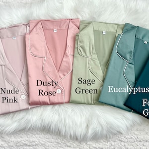 Wedding Party PJs - Bridesmaid PJs -Bridesmaid Proposal Box- Bridal Party Pajamas- Matching PJs- Eucalyptus Satin Pajamas - Moss Pajamas