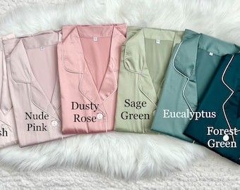 Wedding Party PJs - Bridesmaid PJs -Bridesmaid Proposal Box- Bridal Party Pajamas- Matching PJs- Eucalyptus Satin Pajamas - Moss Pajamas