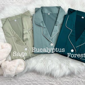 Wedding Party PJs - Bridesmaid PJs - Personalized PJs -  Party Pajamas- Matching PJs- Eucalyptus Moss Satin Pajamas - Getting ready outfits