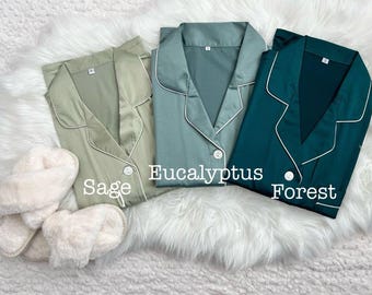 Wedding Party PJs - Bridesmaid PJs - Personalized PJs -  Party Pajamas- Matching PJs- Eucalyptus Moss Satin Pajamas - Getting ready outfits