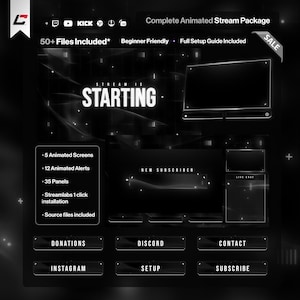 May include: A complete animated stream package in black and white. The package includes 5 animated screens, 12 animated alerts, and 35 panels. The text "STREAM IS STARTING" is prominently displayed. Includes a full setup guide.