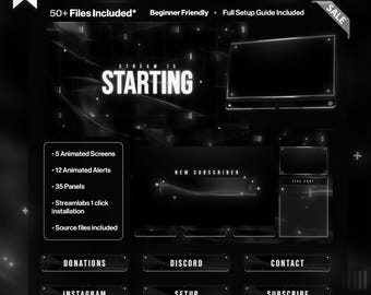 Animated Black & White Twitch Overlay – Dark Stream Package – OBS / Twitch Overlay Pack – Includes Source Files* - Black and White - Alerts