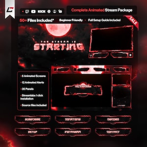 Puede incluir: Un paquete completo de transmisión animada con un tema rojo y negro. Incluye 5 pantallas animadas, 12 alertas animadas y 35 paneles. Se muestra el texto "THE STREAM IS STARTING". Incluye una guía de configuración completa.