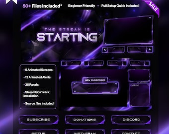 Dark Purple Animated Twitch Overlay – Dark Stream Package – OBS / Twitch Overlay Pack – Includes Source Files* - Purple - Streaming - Neon