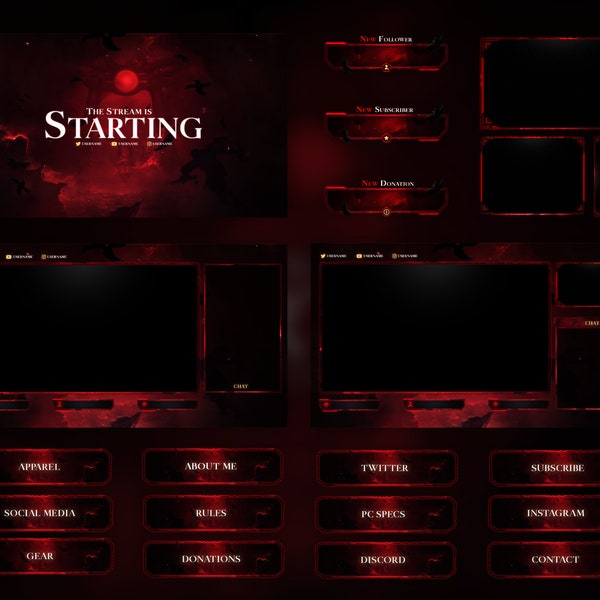 Animierte Blood Moon Twitch Overlays - Komplettes Stream Paket - Enthält Quellendateien* - Anime - Dunkel - Ninja - Blut - Mond - Rot - Schwert