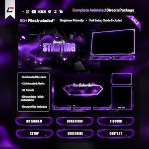 Lila Neon Animerad Twitch Overlay – Mörk Stream-paket – OBS / Twitch Overlay-paket – Inkluderar källfiler* - Violett - Neon - Streamer