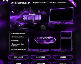 Purple Neon Animated Twitch Overlay – Dark Stream Package – OBS / Twitch Overlay Pack – Includes Source Files* - Violet - Neon - Streamer
