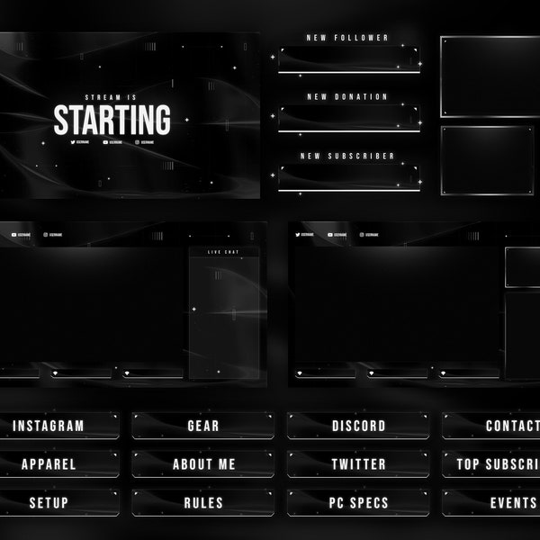 Animated Black & White Twitch Overlay - Complete Stream Package - Includes Source Files* - Dark Theme - Black - White - Clean - Aesthetic