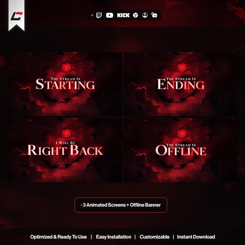 Animated Blood Moon Twitch Overlays - Complete Stream Package - Includes Source Files* - Anime - Dark - Ninja - Blood - Moon - Red - Sword image 2