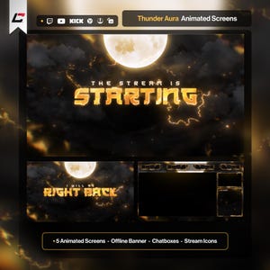 Op de afbeelding: Een digitaal grafisch pakket genaamd Thunder Aura Animated Screens met een donker, stormachtig thema met een heldere maan, gouden bliksem en tekstoverlays zoals The Stream Is Starting en I Will Be Right Back, inclusief chatbox-lay-outs.