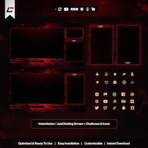 May include: A digital streaming overlay set with a dark red and black color scheme. The set includes multiple screen layouts, chat boxes, and social media icons. Text on the image reads "Intermission / JustChatting Screen + Chatboxes & Icons."