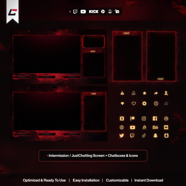May include: A digital streaming overlay set with a dark red and black color scheme. The set includes multiple screen layouts, chat boxes, and social media icons. Text on the image reads "Intermission / JustChatting Screen + Chatboxes & Icons."
