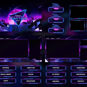 Sobreposições animadas do Synthwave Twitch - Pacote de transmissão completo - Inclui arquivos de origem* - Neon - Retro - Vaporwave - Azul - Roxo - Anos 80