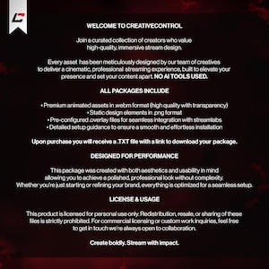 May include: A digital product advertisement with a black and red background. The text reads "WELCOME TO CREATIVECONTROL" and details the features of the product, including animated assets, design elements, and overlay files for streaming.