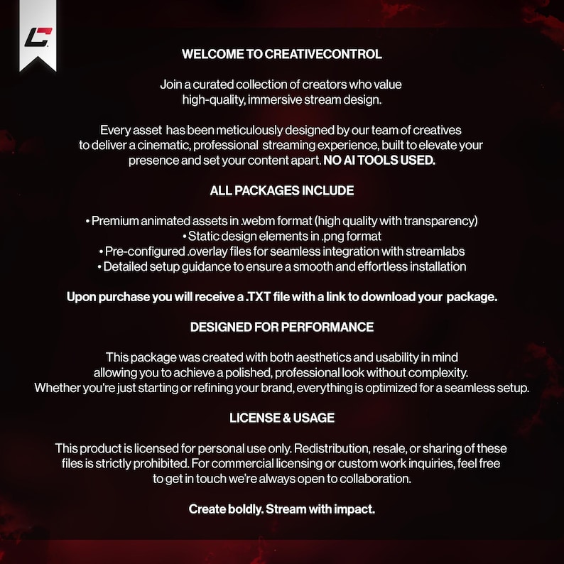 May include: A digital product advertisement with a black and red background. The text reads "WELCOME TO CREATIVECONTROL" and details the features of the product, including animated assets, design elements, and overlay files for streaming.