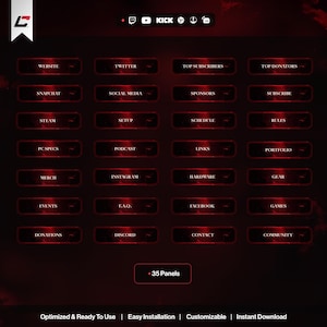 May include: A digital graphic with a dark red background featuring 35 rectangular panels with text labels such as "Website", "Twitter", and "Discord". The panels have a glowing red border. The image also includes the text "Optimized & Ready To Use | Easy Installation | Customizable | Instant Download".