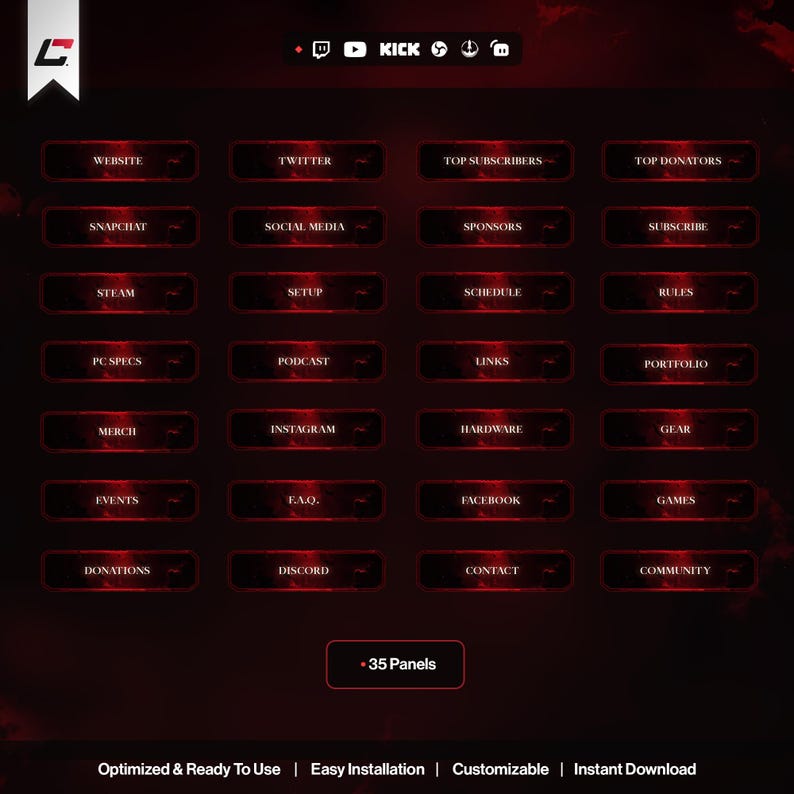 May include: A digital graphic with a dark red background featuring 35 rectangular panels with text labels such as "Website", "Twitter", and "Discord". The panels have a glowing red border. The image also includes the text "Optimized & Ready To Use | Easy Installation | Customizable | Instant Download".