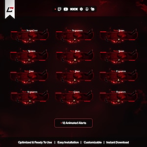 May include: A digital graphic featuring 12 animated alerts for live streaming. Each alert has a red and black design with text like "New Subscriber" and "New Donation." The image also includes the text "Optimized & Ready To Use."