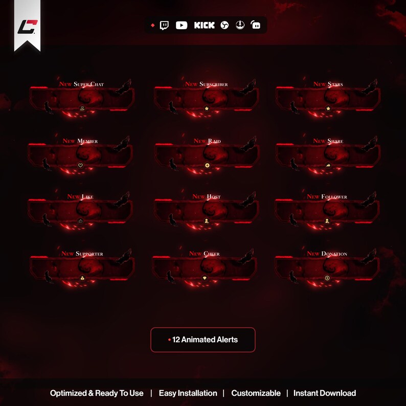 May include: A digital graphic featuring 12 animated alerts for live streaming. Each alert has a red and black design with text like "New Subscriber" and "New Donation." The image also includes the text "Optimized & Ready To Use."