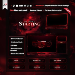May include: A complete animated stream package with a dark red and black theme. The package includes 5 animated screens, 12 animated alerts, and 35 panels. The text "THE STREAM IS STARTING" is displayed prominently. The package is beginner-friendly.