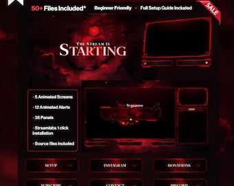 May include: A complete animated stream package with a dark red and black theme. The package includes 5 animated screens, 12 animated alerts, and 35 panels. The text "THE STREAM IS STARTING" is displayed prominently. The package is beginner-friendly.