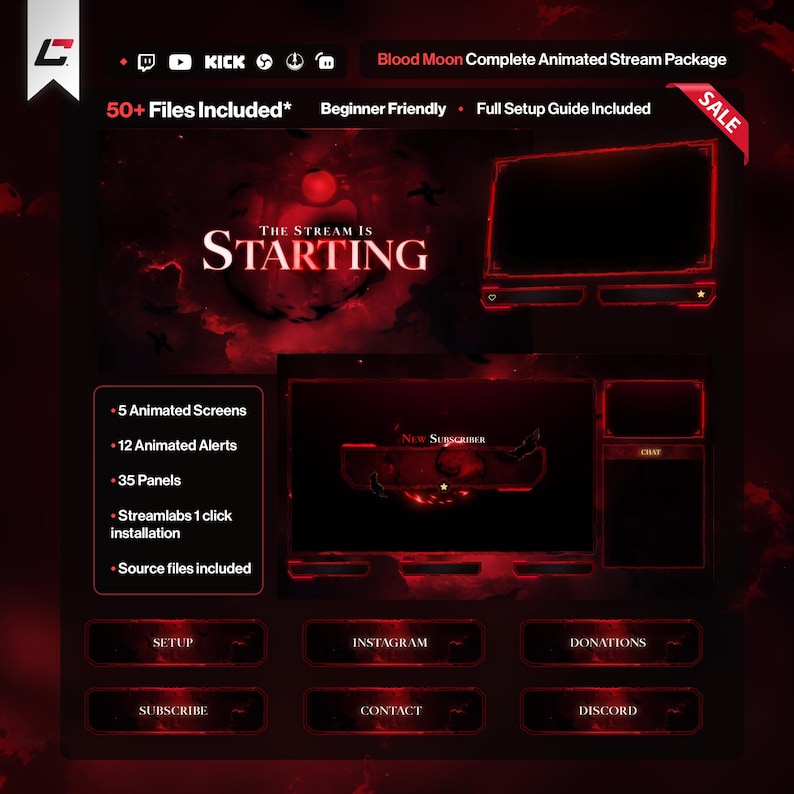 May include: A complete animated stream package with a dark red and black theme. The package includes 5 animated screens, 12 animated alerts, and 35 panels. The text "THE STREAM IS STARTING" is displayed prominently. The package is beginner-friendly.