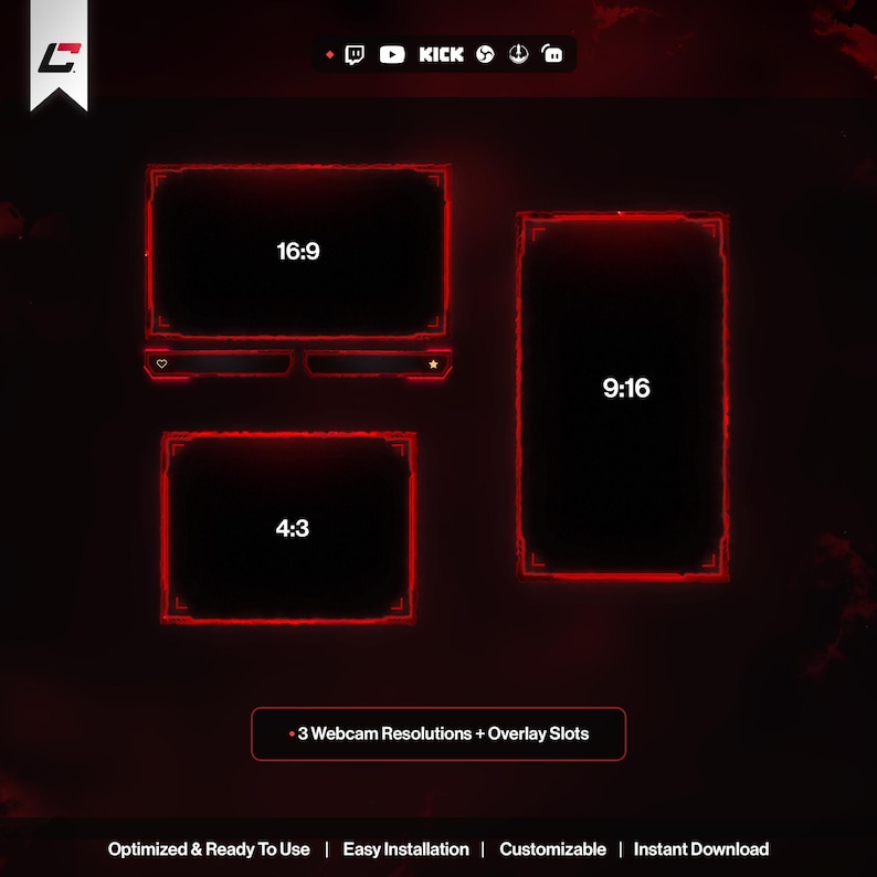 May include: A digital graphic with a dark red and black theme, featuring three webcam resolution frames: 16:9, 4:3, and 9:16. The design includes the text "3 Webcam Resolutions + Overlay Slots" and other text: "Optimized & Ready To Use | Easy Installation | Customizable | Instant Download".