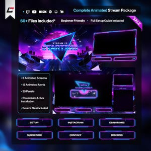 Animated Synthwave Twitch Overlays - Neon Stream Package – OBS / Twitch Overlay Pack - Includes Source Files* - Retro - Vaporwave - Blue