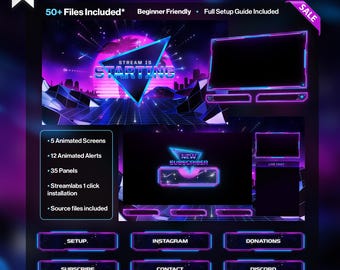 Animated Synthwave Twitch Overlays - Neon Stream Package – OBS / Twitch Overlay Pack - Includes Source Files* - Retro - Vaporwave - Blue