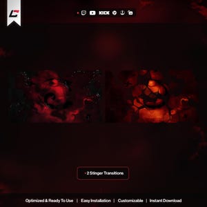 May include: A dark red digital graphic with two abstract designs. The top right corner features social media icons for Twitch, YouTube, and Kick. The text "- 2 Stinger Transitions" is displayed in a white box. The bottom of the image includes text.