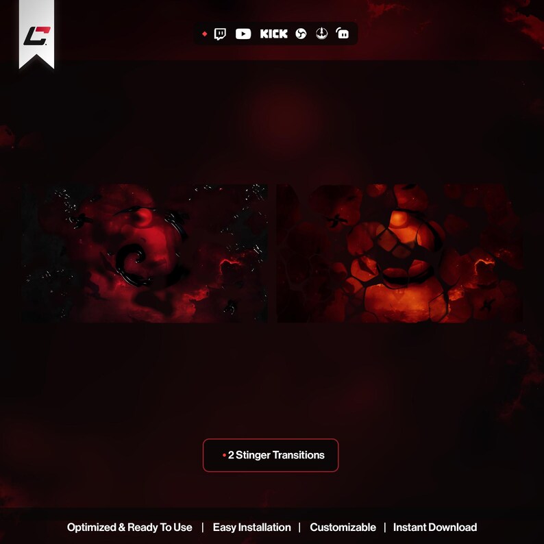 May include: A dark red digital graphic with two abstract designs. The top right corner features social media icons for Twitch, YouTube, and Kick. The text "- 2 Stinger Transitions" is displayed in a white box. The bottom of the image includes text.