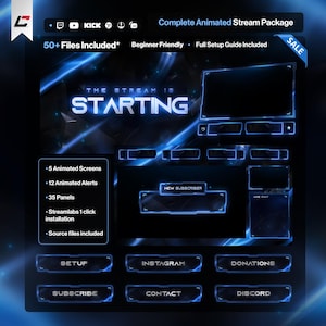 Könnte beinhalten: Ein komplettes animiertes Stream-Paket in Dunkelblau und Schwarz. Es enthält 5 animierte Bildschirme, 12 animierte Benachrichtigungen, 35 Panels und Quelldateien. Der Text "THE STREAM IS STARTING" ist deutlich sichtbar.