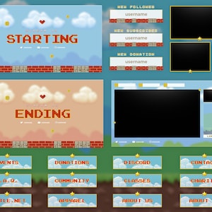 Pixel World アニメーション Twitch オーバーレイ - 完全なストリーム パッケージ - ソース ファイルが含まれています* - マリオ - アーケード - パズル - ピクセル - 8 ビット - ゲーム