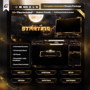 May include: A complete animated stream package featuring a dark theme with gold lightning accents. Includes a starting screen with a moon, webcam overlays, alert boxes, and panels labeled Contact, Subscribe, Setup, Discord, Donations, and Instagram.