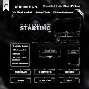 Puede incluir: Un paquete completo de transmisión animada con un tema oscuro. El diseño incluye pantallas animadas, alertas y paneles. El texto en la imagen incluye "The Stream is Starting", "Instagram", "Donations", "Discord", "Setup", "Subscribe" y "Contact".