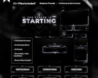 Dark Minimal Animated Twitch Overlay – Dark Stream Package – OBS / Twitch Overlay Pack – Includes Source Files* - Black & White - Streaming