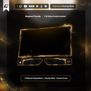 May include: A digital streaming overlay set featuring a rectangular webcam frame with golden lightning-like edges, two smaller rectangular information boxes with star and heart icons, and text including Beginner Friendly, Full Setup Guide Included.