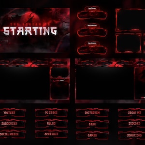 May include: A digital streaming overlay set with a dark red and black theme. The design includes panels for alerts, chat, and social media, with the text "The Scream is Starting" and various social media buttons.