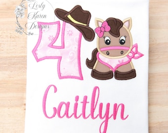 Embroidered Cowgirl Birthday Girl Shirt: Pink Horse Theme